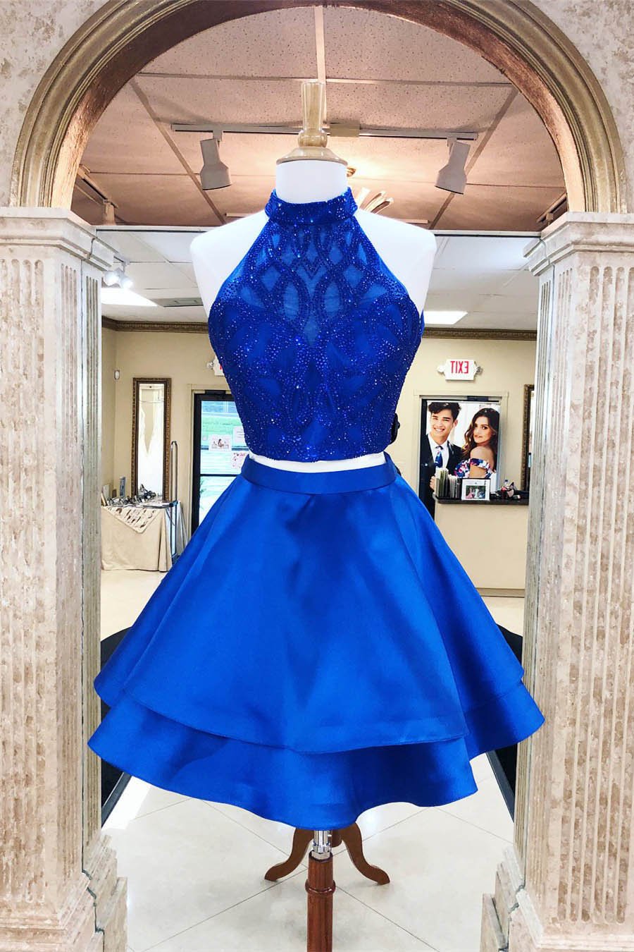 A Line Royal Blue Two Pieces Open Back Beaded Short Prom Dresses Homecoming Dresses WK993