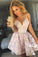 Cute Spaghetti Straps High Low V Neck Pearl Pink Lace Appliques Homecoming Dresses WK843