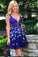 A-Line V-Neck Backless Short Royal Blue Printed Chiffon Cute Prom Homecoming Dress WK763