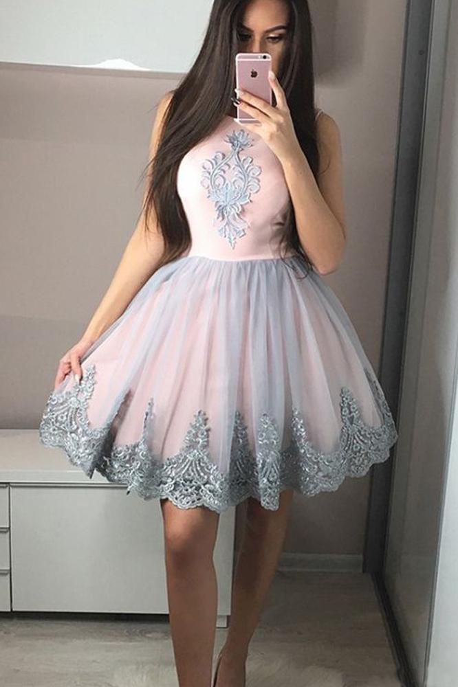 Cute A Line Round Neck Pink Short Prom Dresses Homecoming Dresses with Appliques WK925