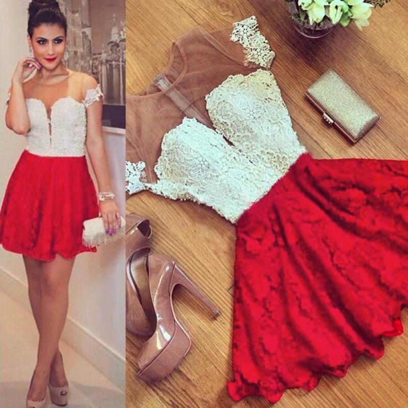 Cute Red Lace Short Sleeve Knee Length Homecoming Dress Cheap Cocktail Dresses WK470