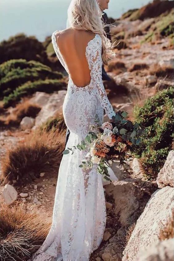 See Through Back Lace Rustic Wedding Dresses Long Sleeve Mermaid Bridal Dress WK656