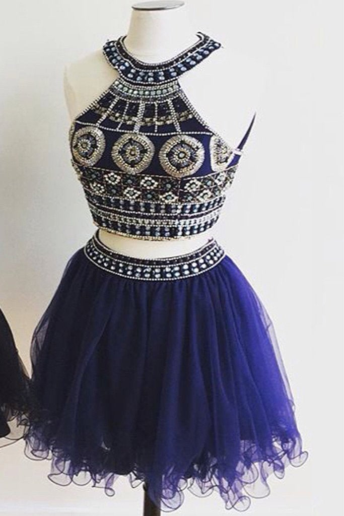 Cute Two Pieces Halter Royal Blue Tulle Beading Homecoming Dresses