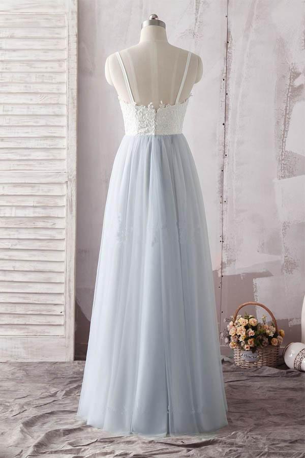 Simple A Line Spaghetti Straps Gray Sweetheart Ivory Lace Blue Tulle Prom Dresses WK608