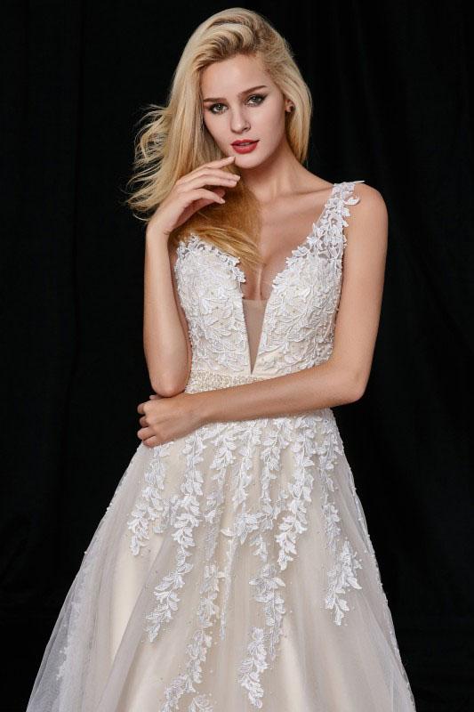 Elegant A-Line Tulle V-Neck V-Back Appliques Beads Ivory Cheap Prom Dresses WK496