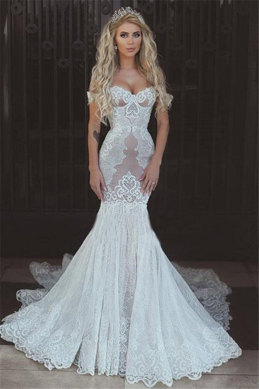 Sexy Queen Mermaid Sweetheart Ivory Lace Off-the-Shoulder Open Back Wedding Dresses WK306