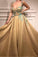 A Line Spaghetti Straps Sweetheart Gold Rhinestone Sparkly Appliques Prom Dresses WK890
