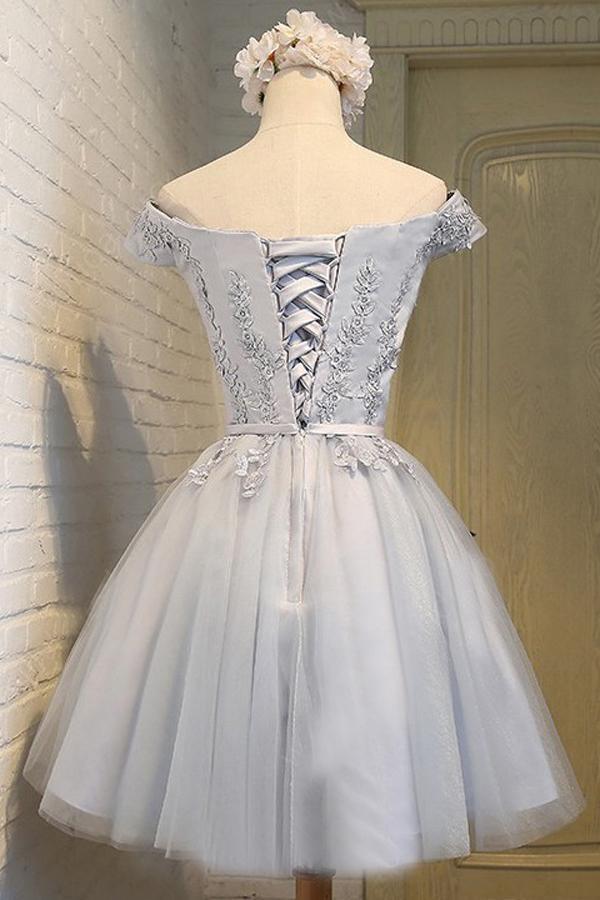 A-Line Off the Shoulder Short Sleeveless Scoop Grey Tulle Lace up Homecoming Dresses WK964