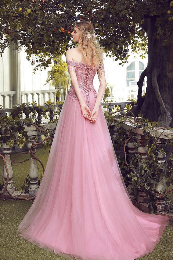 Elegant A-Line Off-the-Shoulder Lace Up Long Pink Lace Tulle Prom Dresses with Beads WK320