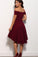 Short A Line Burgundy Off the Shoulder High Low Knee Length Satin Homecoming Dresses WK644