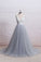A-Line V-Neck Ivory Lace Bodice Grey Tulle Skirt Chapel Train Appliques Wedding Dress WK287
