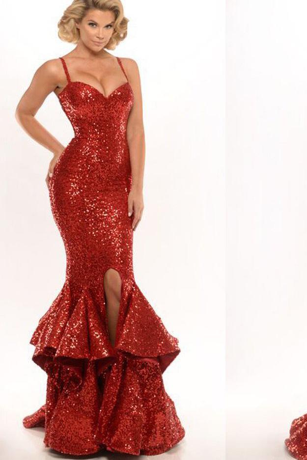 Spaghetti Straps Red Sequin Long Mermaid Front Slit Sparkle Long Prom Dresses WK520