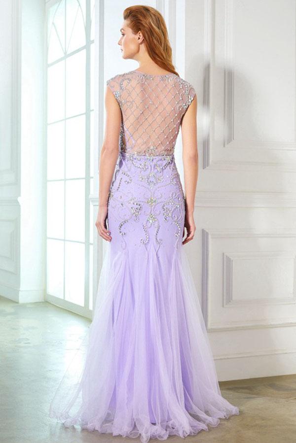 Elegant Mermaid Lavender Scoop Cap Sleeve Beads Tulle Yarn Floor-Length Prom Dresses WK220
