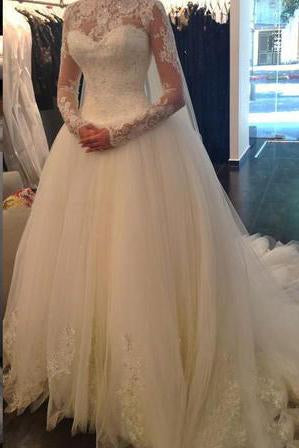 Sexy Lace Long Sleeves Backless A-Line High Neck Tulle Applique Beaded Bridal Gowns WK389
