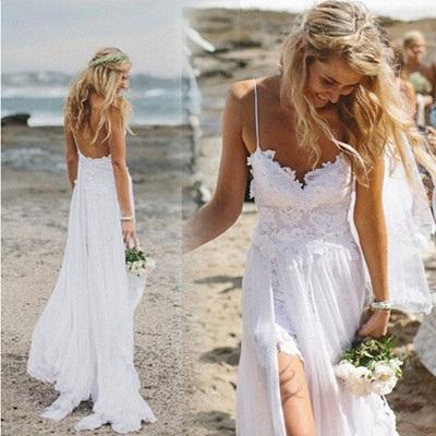 Beach Simple Casual White A-line Princess V neck Spaghetti Straps Wedding Dress WK136