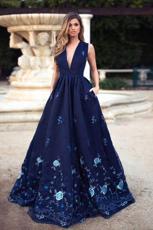 Vintage A-Line Deep V-Neck Navy Blue Sleeveless Prom Dresses with Appliques Pockets WK403