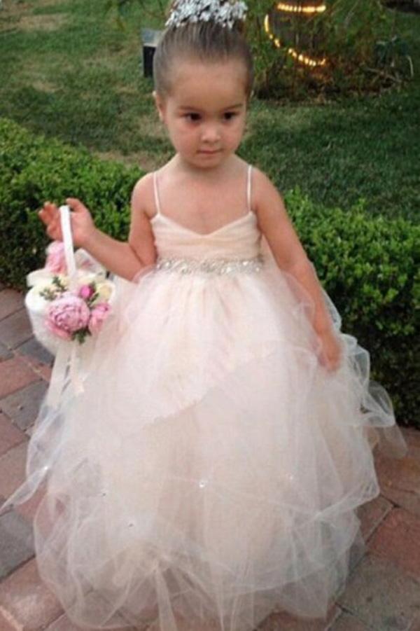 Princess Tulle Beading Spaghetti Straps Bowknot Flower Girl Dresses Lovely Tutu Dress WK777