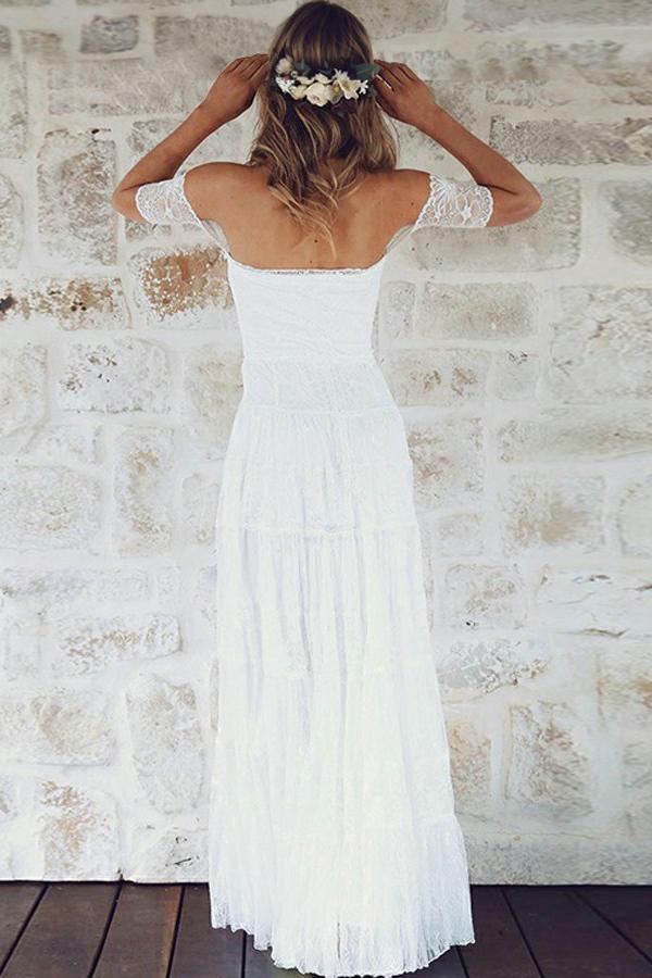 A-Line Off-the-Shoulder Short Sleeves Backless White Lace Boho Wedding Dresses WK365