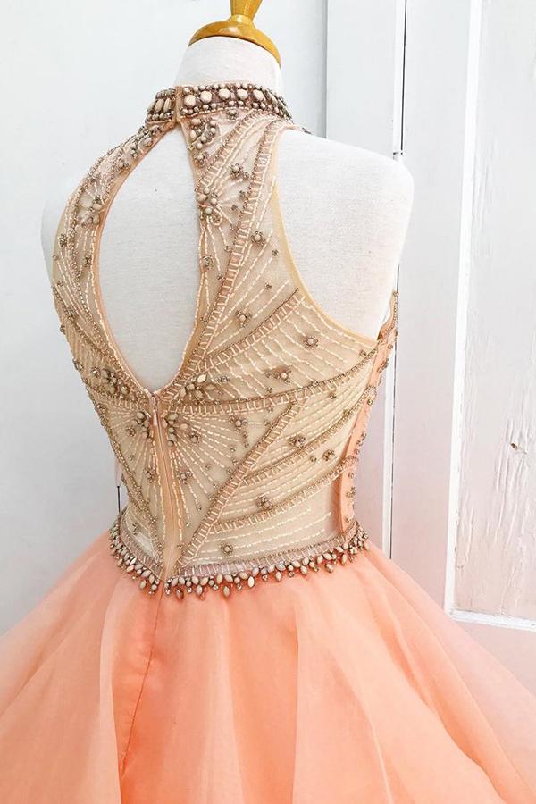 Chic A-Line Halter Open Back Sleeveless Pearl Pink Beading Tulle Modest Long Prom Dresses WK221