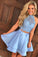 Two Piece Round Neck Short Tiered Satin Blue Open Back Homecoming Dress with Lace WK259