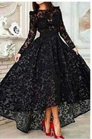 Elegant High Low Black Lace Long Sleeveless Cheap High Neck A-Line Prom Dresses WK828