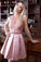 A-Line Crew Above-Knee Pink Satin Sleeveless Homecoming Dress with Appliques Beading WK232