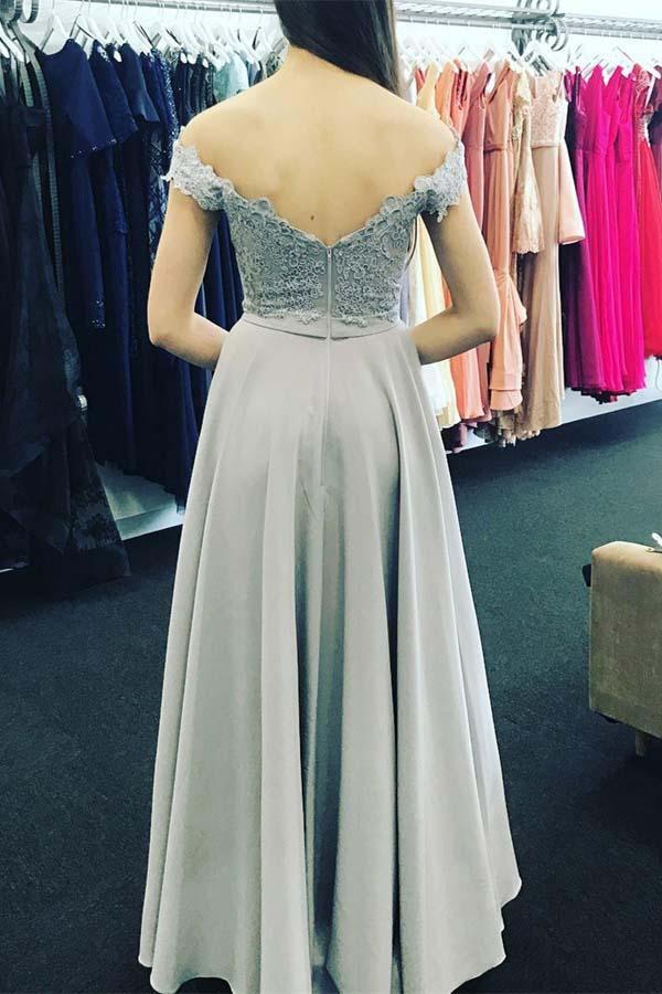 A-Line Off-the-Shoulder Open Back Sweetheart Grey Chiffon Prom Dresses with Appliques WK229