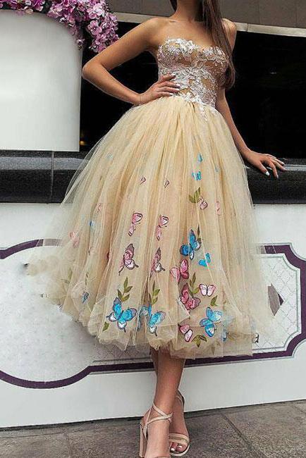 Elegant Strapless Sweetheart Appliques Tulle Tea Length Prom Dresses WK992