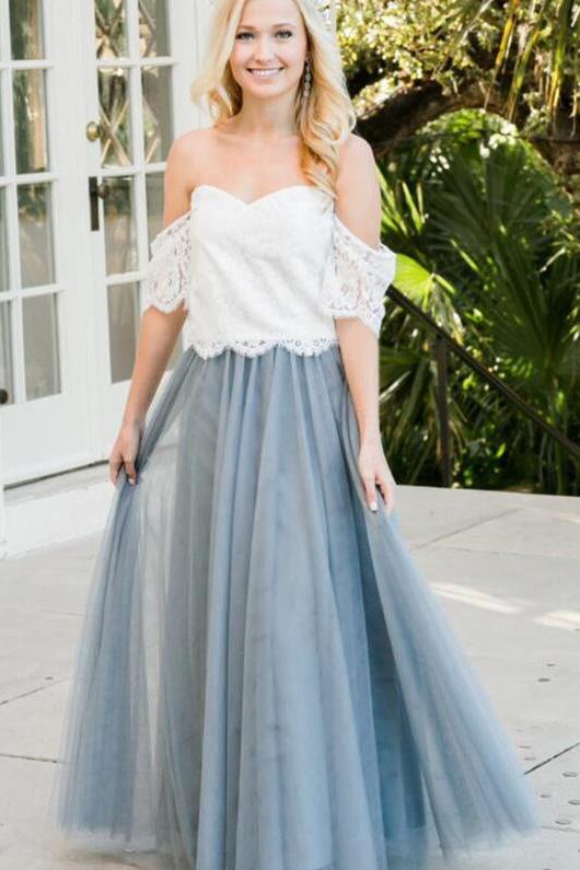 Two Piece Floor Length Prom Dress with Lace 2 Piece Off Shoulder Tulle Bridesmaid Dress WK807