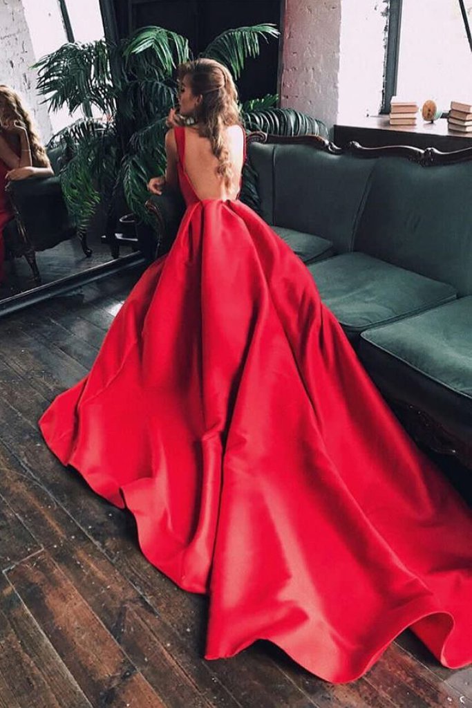 Elegant A-Line Red Simple Cheap Round Neck Cap Sleeve Backless Long Prom Dresses WK488