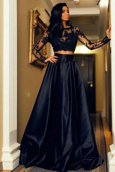 Two Piece Scoop A-Line Bateau Long Sleeves Black Floor Length Prom Dresses with Lace WK343