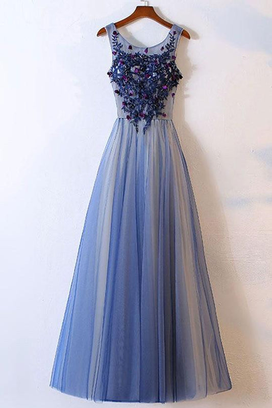 Elegant Long Appliques Blue Tulle Round Neck Long Evening Dress WK45