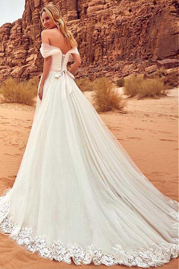 Sexy Off-the-Shoulder Sweep Train Sweetheart A-Line Tulle Ivory Floor-Length Wedding Dress WK865