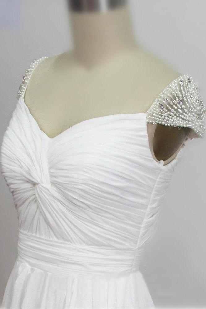 Cheap Sweetheart Beading Cap Sleeve Beads Chiffon A-Line Open Back Ruffles Wedding Dress WK863