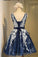 A-line Scoop Knee-length Open Back Navy Blue Organza Homecoming Dress with Appliques WK171