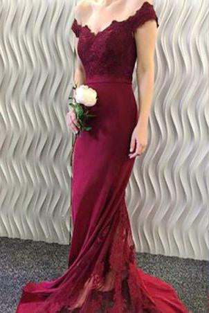 2024 Off-the-Shoulder Burgundy Lace Appliques Long Mermaid Prom Dresses WK370