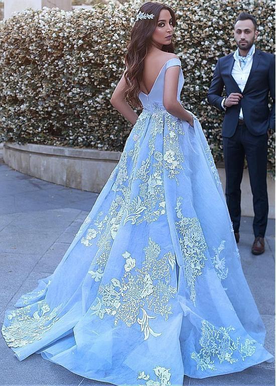 Wonderful Off-the-shoulder Ball Gown Formal Blue Lace Appliques Long Quinceanera Dresses WK119