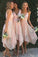 A-Line V-Neck Spaghetti Straps Asymmetrical Pink Lace Bridesmaid Dress WK93