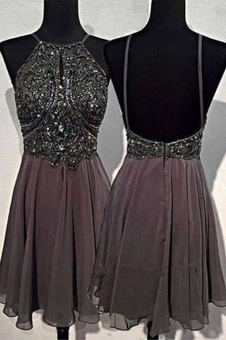 A-line Round Neck Chiffon Beaded Grey Backless Homecoming Dress WK535