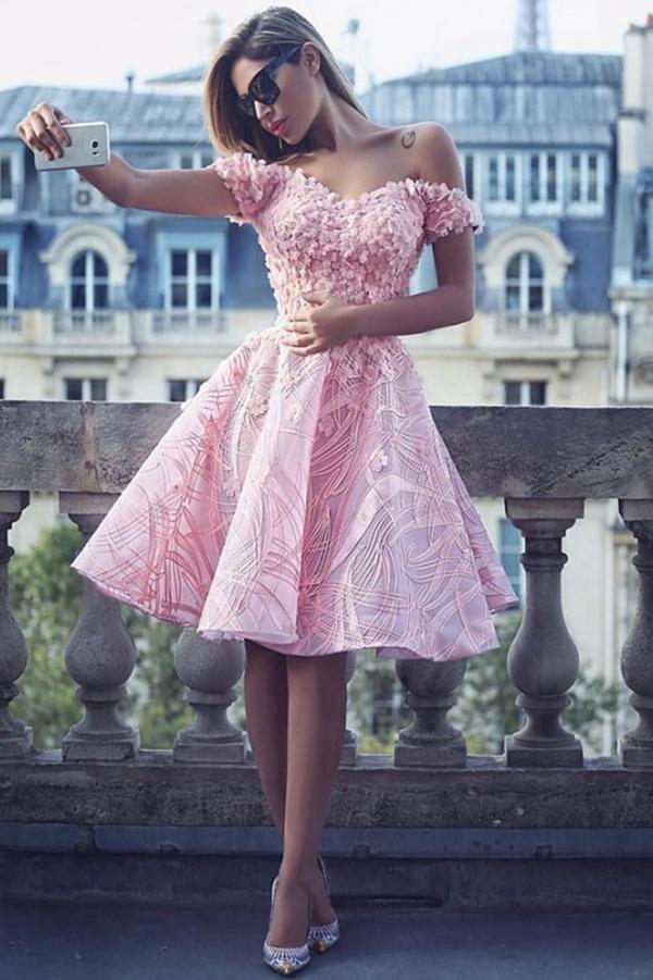 Cute A-Line Off the Shoulder Knee Length Pink Lace Homecoming Dress with Appliques WK824