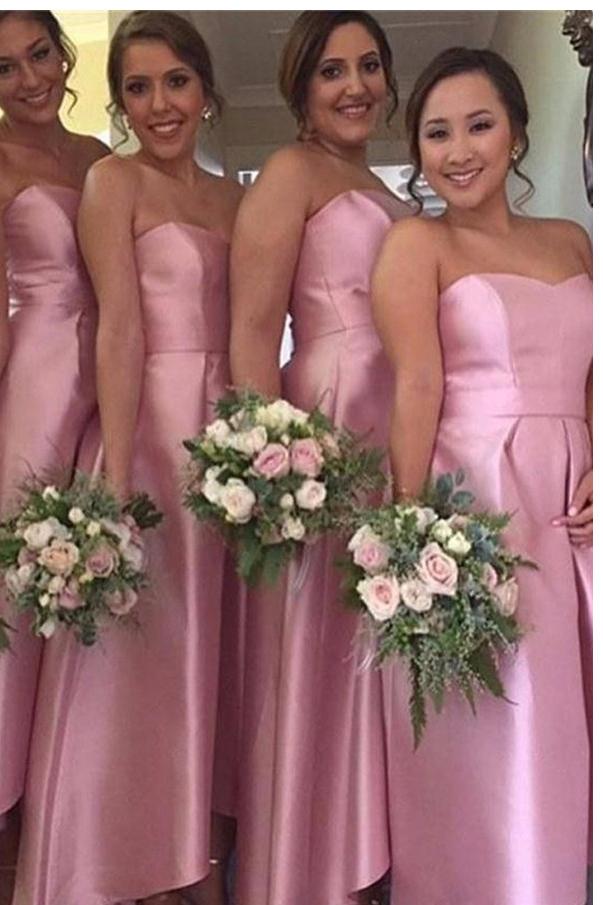 Charming A-Line Sweetheart Satin Floor-Length Pink High-Low Bridesmaid Dresses WK415