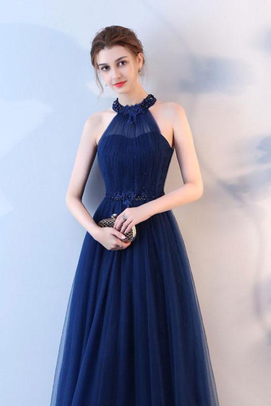 Elegant A-Line Blue Halter Tulle Long Open Back Beads Lace up Prom Dresses WK409
