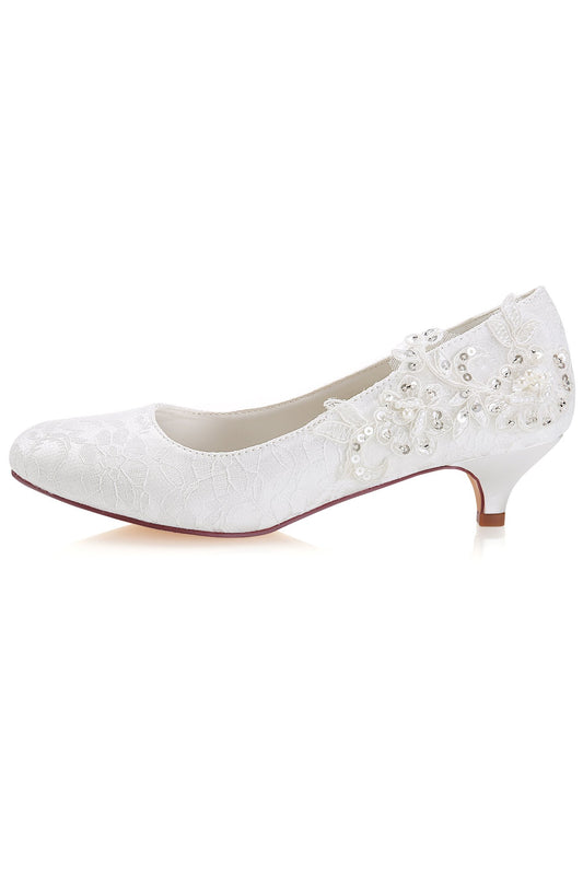 White Lace Sequins Wedding Shoes Lower heel Evening Shoes uk L-923