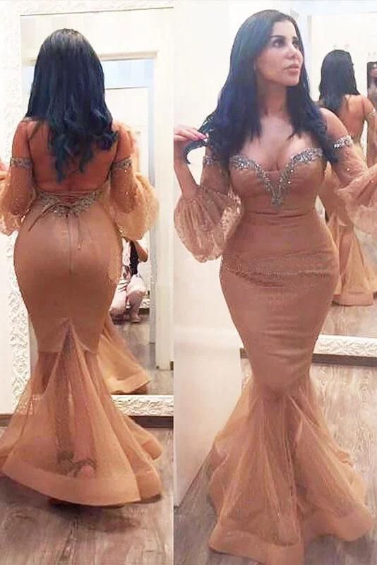 Mermaid 3/4 Sleeves Off the Shoulder Beads Brown Lace up Plus Size Prom Dresses WK164