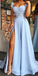 Cap Sleeve Sweetheart A Line Side Slit Satin Blue Long Prom Dresses Evening Dresses WK299