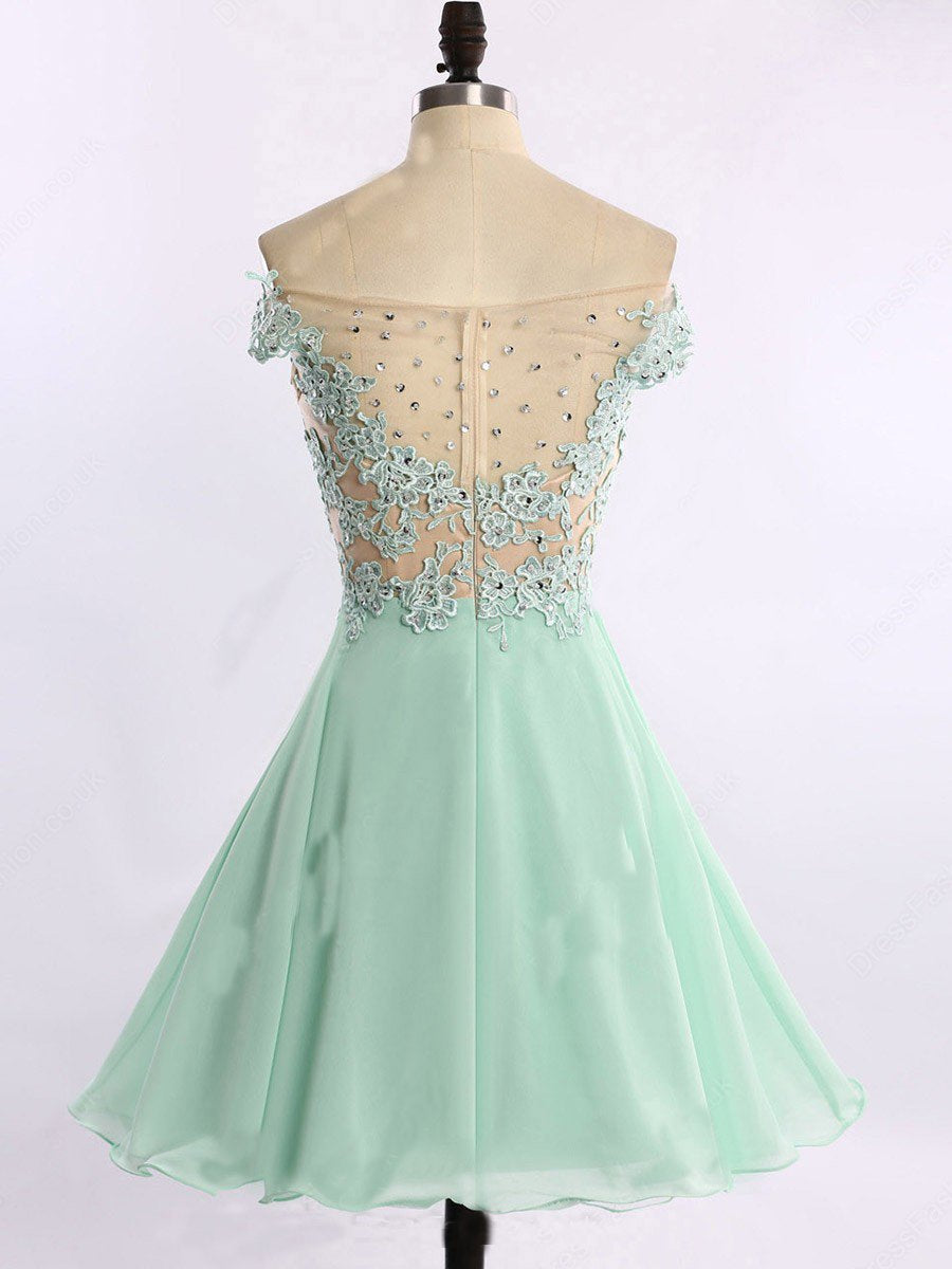 Short Chiffon Tulle Appliques Lace Beads Cute Off the Shoulder Green Homecoming Dresses WK740