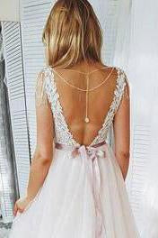 A Line Blush Pink Lace Sweetheart Backless Multi-Layered Organza Beach Wedding Gowns WK231