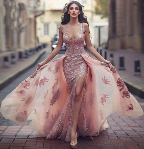 Sexy Deep V Neck Mermaid Tulle Lace Appliques Slit Front Backless Princess Prom Dresses WK742