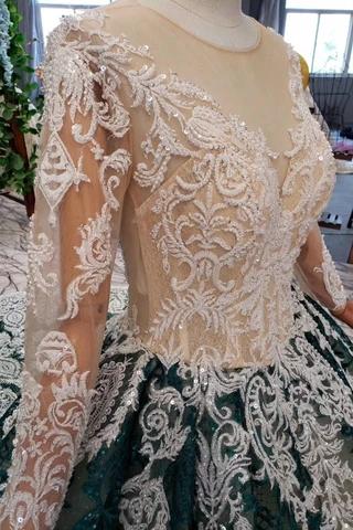 Green Long Sleeves Ball Gown Lace Prom Dress with Appliques Long Quinceanera Dress P1137