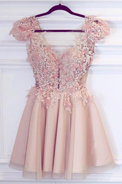 Cute Satin Pink Deep V Neck Appliques Short Prom Dresses Homecoming Dresses WK943